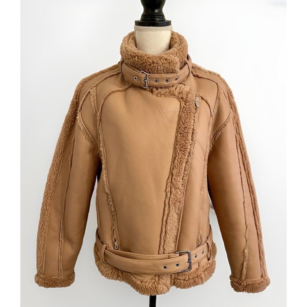 NWT Missguided Premium Borg Teddy Faux Leather Belted Aviator Jacket Tan Size 8